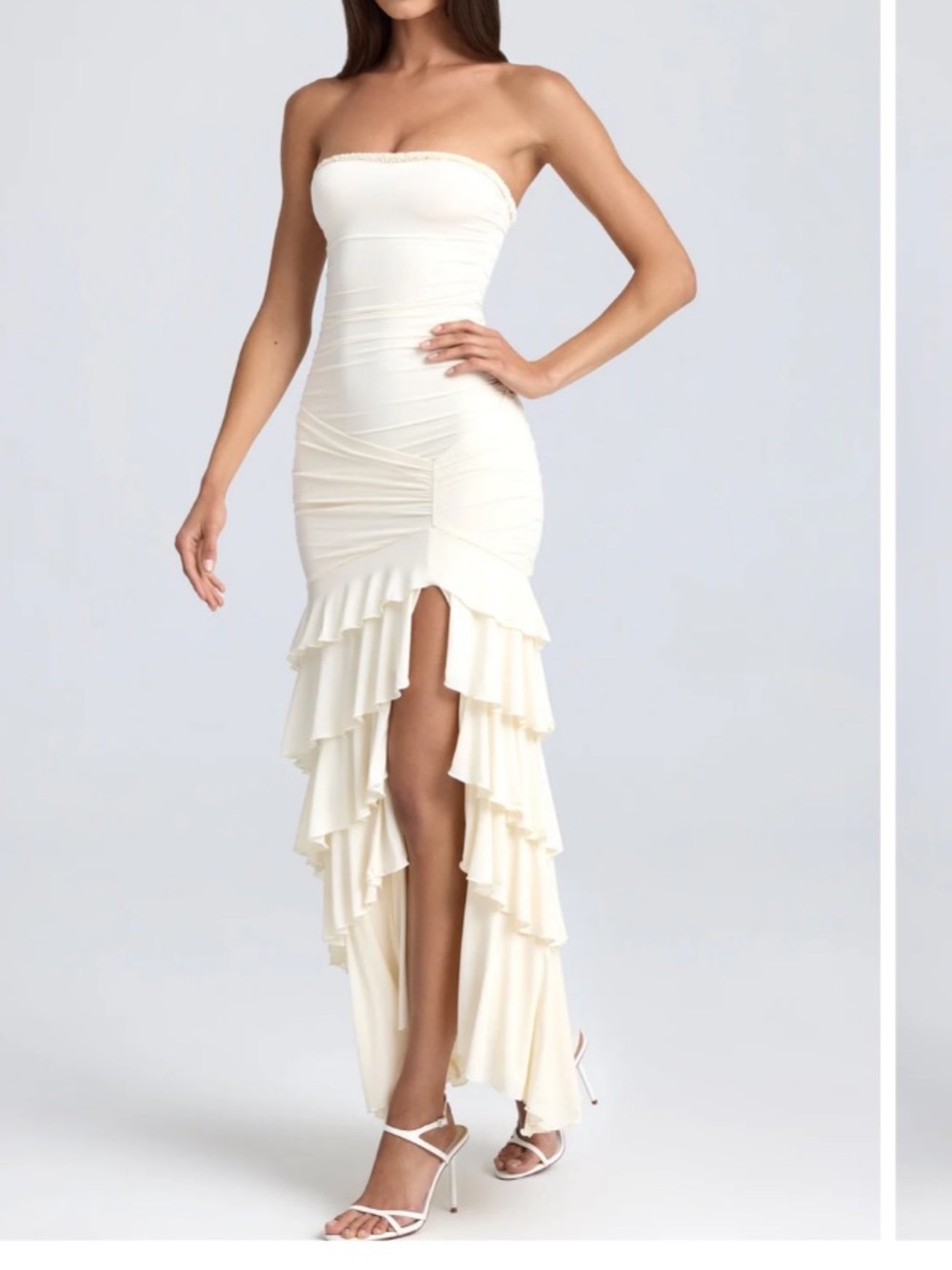 Oh Polly Ivory Strapless Bandeau Ruched Ruffle-Trim Maxi Dress